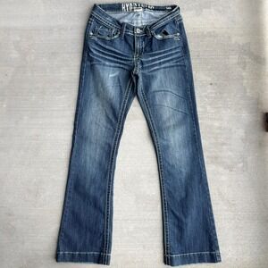 2000S Y2K Hydraulic Low Rise Bootcut Jeans Women's Blue Whiskered